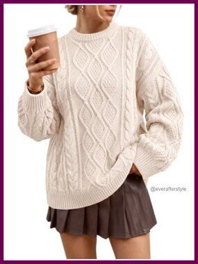 Trendy Queen Oversized Cable Knit Sweater 40% Acrylic 60% Cotton Crew Neck Long